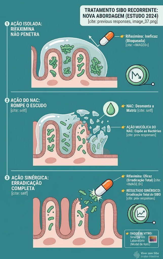 SIBO Recorrente e de Difícil Tratamento: A Causa Pode Ser o Biofilme em Notícias Visão macroscópica de vilos intestinais cobertos por biofilme; uma pílula ricocheteia; um iô-iô mostra a recaída.