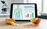 Estudo sobre Ibuprofeno e a Alternativa Marinha em Tratamentos Tablet com estudo sobre inflamação ao lado de comprimidos de ibuprofeno derramados e cápsulas de gel marinhas.
