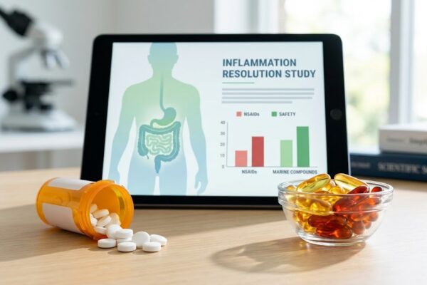 Estudo sobre Ibuprofeno e a Alternativa Marinha em Tratamentos Tablet com estudo sobre inflamação ao lado de comprimidos de ibuprofeno derramados e cápsulas de gel marinhas.