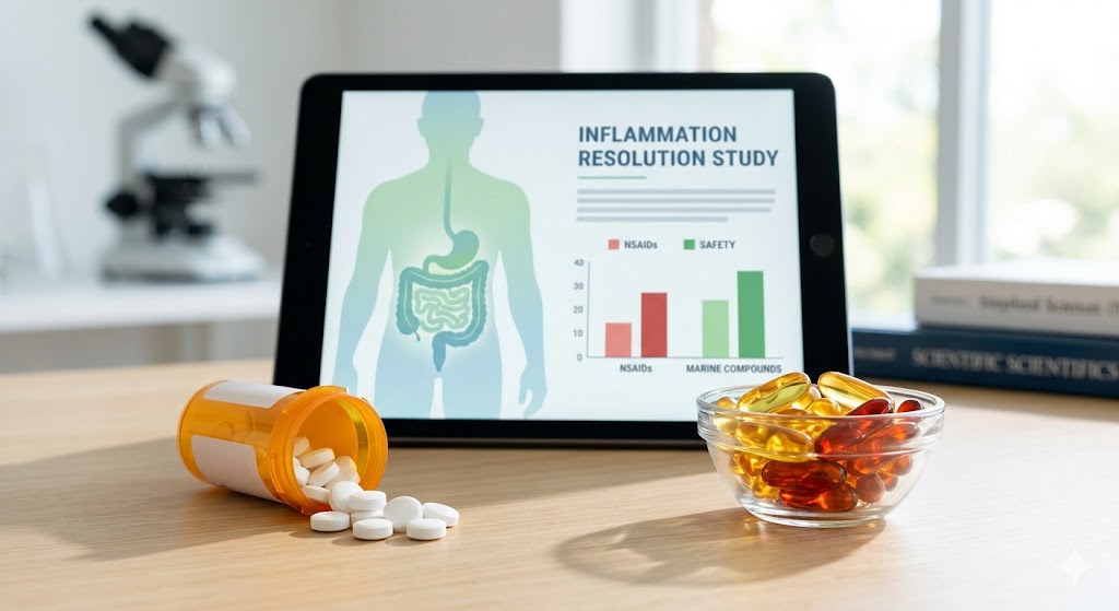 Estudo sobre Ibuprofeno e a Alternativa Marinha em Notícias Tablet com estudo sobre inflamação ao lado de comprimidos de ibuprofeno derramados e cápsulas de gel marinhas.