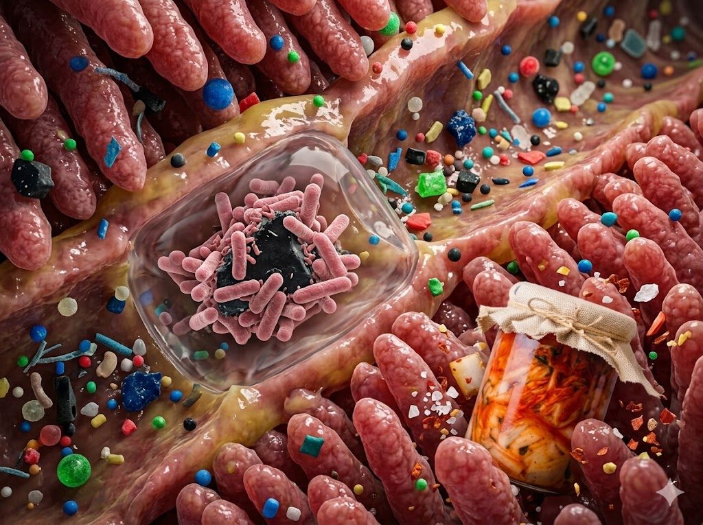 Novo Estudo: Como o Kimchi Fermentado Expulsa Plásticos do Intestino em Notícias Ilustração microscópica de bactérias do kimchi ligando-se a microplásticos coloridos no trato intestinal