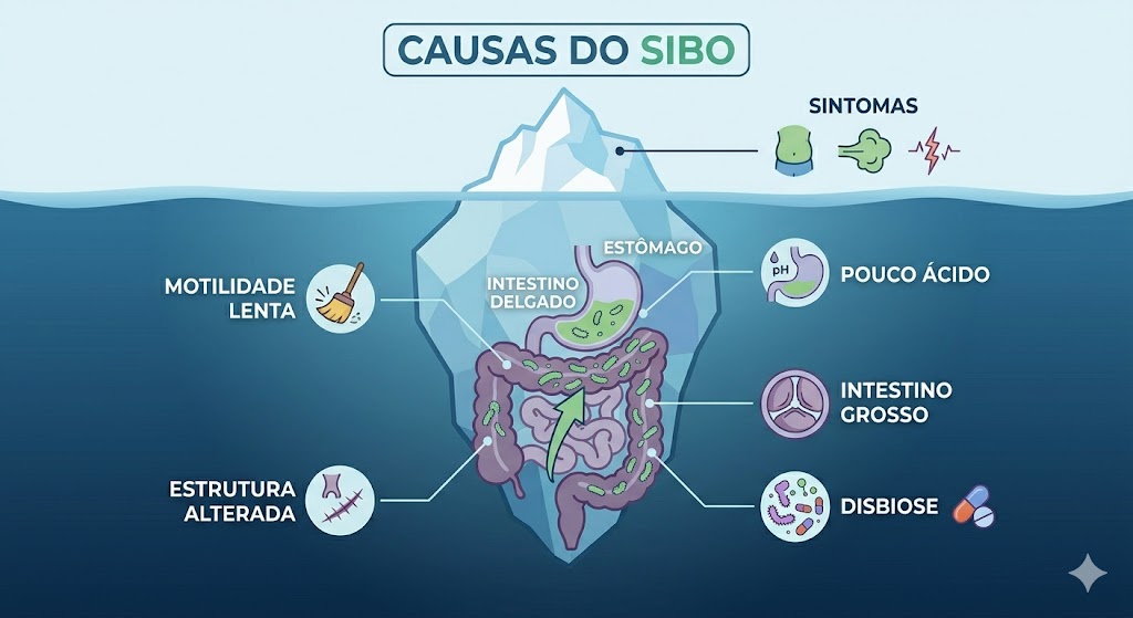 Causas do SIBO: Descubra a Verdadeira Origem do Problema em Causas Infográfico de icebergue que mostra sintomas à superfície e as verdadeiras causas do SIBO na parte submersa."