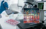 O Que os Aditivos Alimentares Fazem ao Seu Intestino em Notícias Estudo de laboratório com cientista e microscópio sobre como aditivos alimentares alteram o intestino e a barreira de muco.