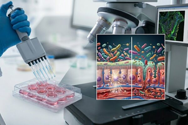 O Que os Aditivos Alimentares Fazem ao Seu Intestino em Notícias Estudo de laboratório com cientista e microscópio sobre como aditivos alimentares alteram o intestino e a barreira de muco.