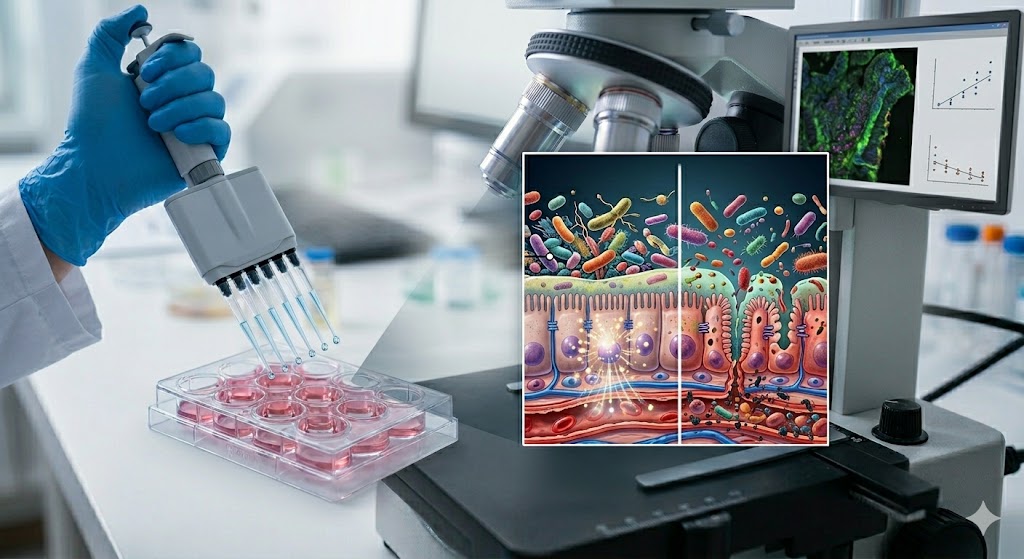 O Que os Aditivos Alimentares Fazem ao Seu Intestino em Notícias Estudo de laboratório com cientista e microscópio sobre como aditivos alimentares alteram o intestino e a barreira de muco.