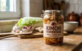 Novo Estudo: Como o Kimchi Fermentado Expulsa Plásticos do Intestino em Tratamentos Frasco de vidro com kimchi fermentado caseiro sobre uma bancada, evidenciando o processo natural de fermentação.