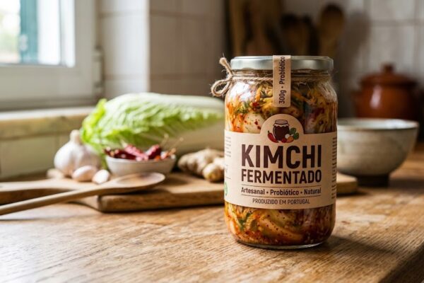 Novo Estudo: Como o Kimchi Fermentado Expulsa Plásticos do Intestino em Biblioteca Frasco de vidro com kimchi fermentado caseiro sobre uma bancada, evidenciando o processo natural de fermentação.