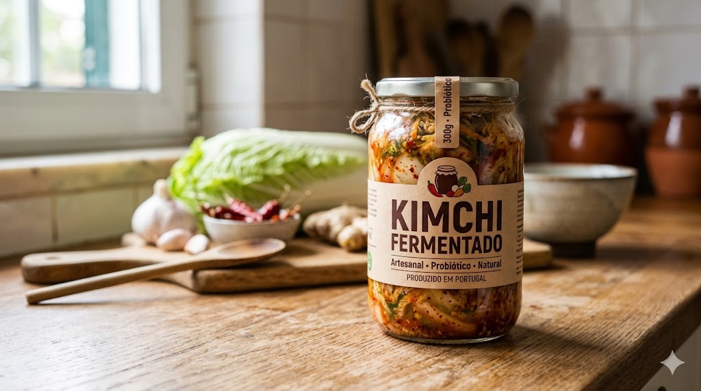 Novo Estudo: Como o Kimchi Fermentado Expulsa Plásticos do Intestino em Notícias Frasco de vidro com kimchi fermentado caseiro sobre uma bancada, evidenciando o processo natural de fermentação.