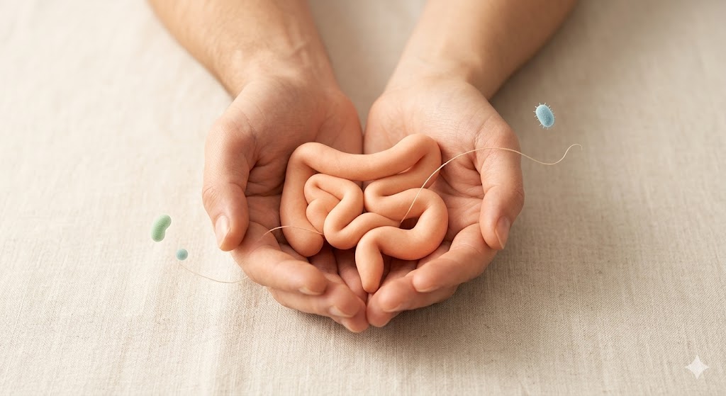 O Novo Estudo da Nature Sobre Saúde Intestinal: O Que Muda? em Notícias Mãos seguram um modelo simples de intestino com pequenas partículas em redor, simbolizando a saúde do microbioma.
