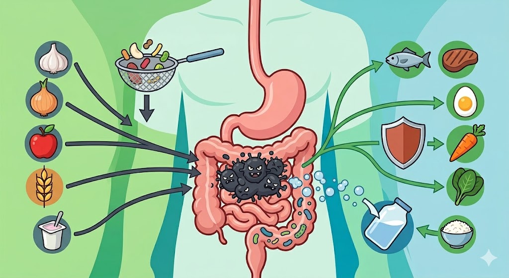 Dietas para SIBO: O Que Comer e Evitar em Tratamentos Comparação de alimentos permitidos e proibidos para dietas para SIBO e prevenir supercrescimento bacteriano.