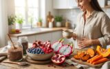 SIBO e Inflamação: Como Os Alimentos Anti-Inflamatórios Ajudam em Notícias Mesa de madeira repleta de alimentos anti-inflamatórios: sementes, bagas, romãs, pitaia, abóbora e cenouras com mulher sorridente na cozinha.