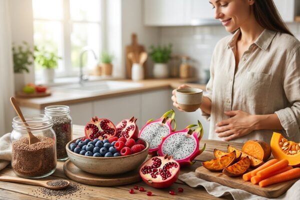 SIBO e Inflamação: Como Os Alimentos Anti-Inflamatórios Ajudam em Tratamentos Mesa de madeira repleta de alimentos anti-inflamatórios: sementes, bagas, romãs, pitaia, abóbora e cenouras com mulher sorridente na cozinha.