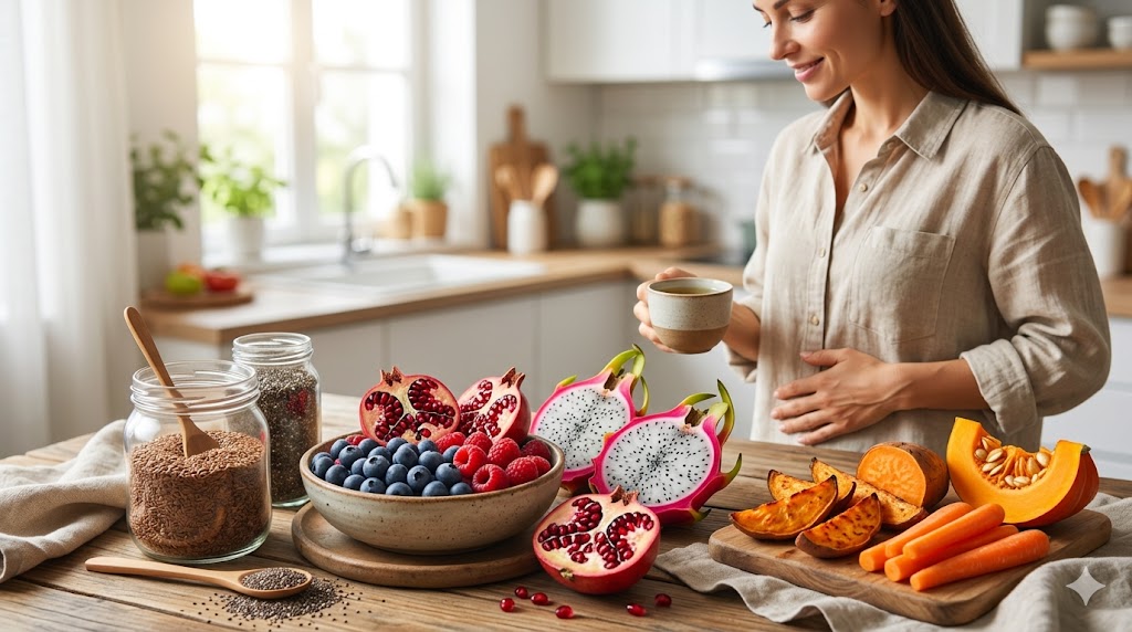 SIBO e Inflamação: Como Os Alimentos Anti-Inflamatórios Ajudam em Tratamentos Mesa de madeira repleta de alimentos anti-inflamatórios: sementes, bagas, romãs, pitaia, abóbora e cenouras com mulher sorridente na cozinha.