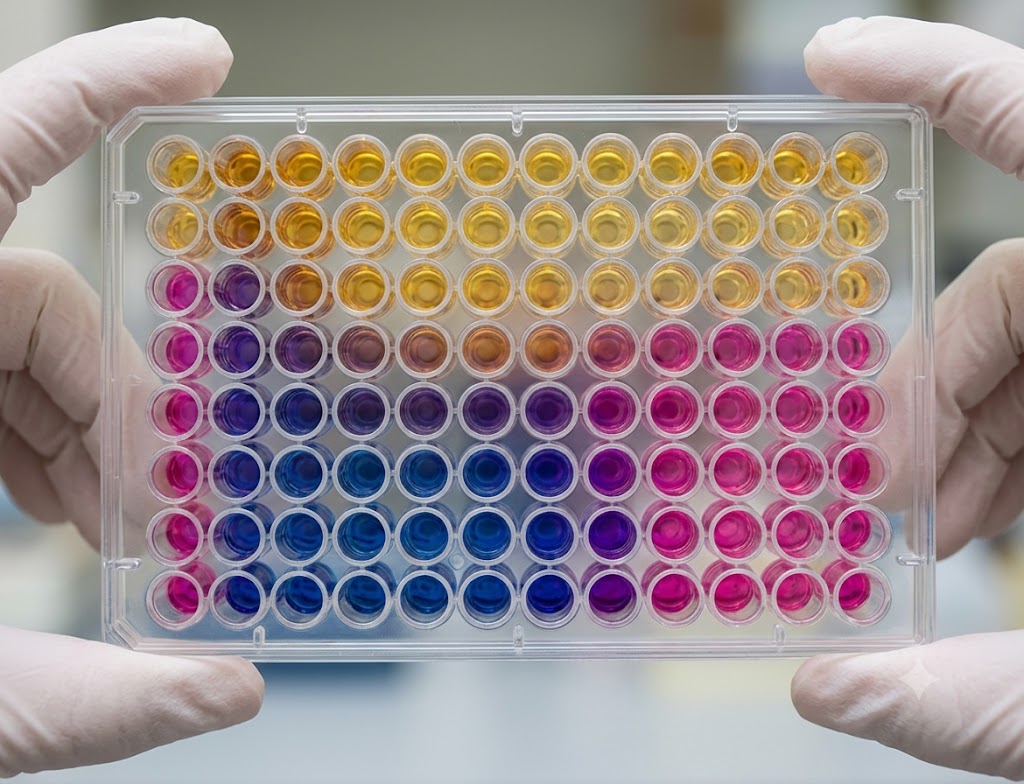 SIBO Recorrente e de Difícil Tratamento: A Causa Pode Ser o Biofilme em Notícias Close-up de mãos enluvadas segurando uma placa de microtitulação com líquidos coloridos organizados em zonas.