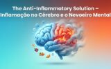Inflamação no Cérebro e o Nevoeiro Mental em Biblioteca Ilustração de um cérebro dividido entre um lado azul claro e um lado laranja inflamado e enevoado por fumaça.