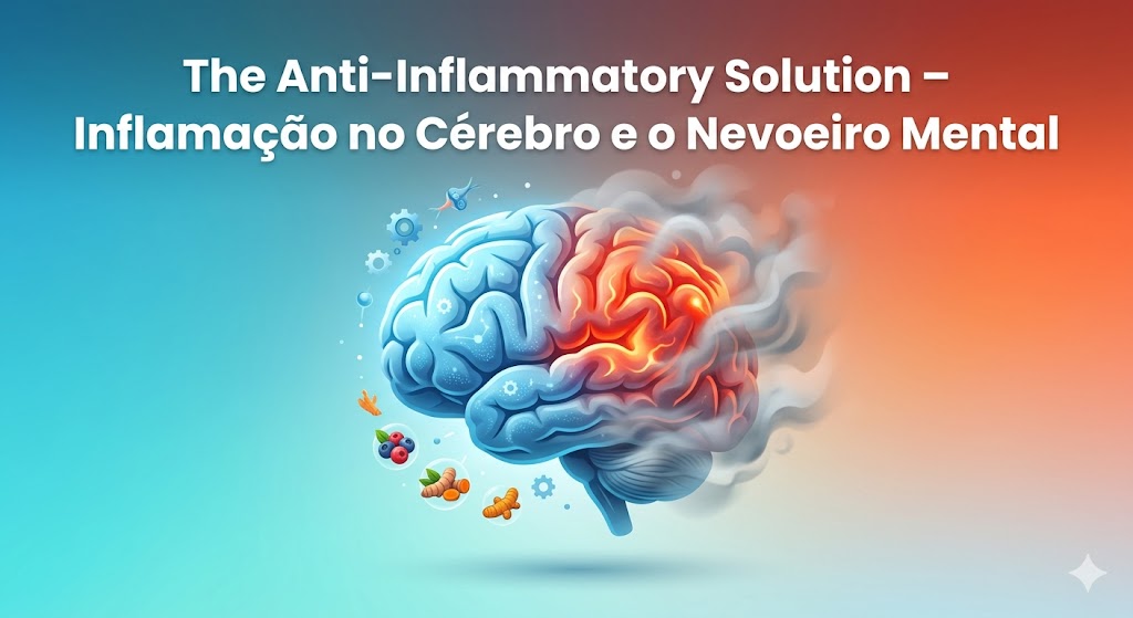 Inflamação no Cérebro e o Nevoeiro Mental em Biblioteca Ilustração de um cérebro dividido entre um lado azul claro e um lado laranja inflamado e enevoado por fumaça.