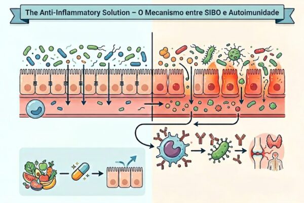 The Anti-Inflammatory Solution – O Mecanismo entre SIBO e Autoimunidade em Notícias Diagrama do mecanismo SIBO-autoimunidade: intestino permeável causa mimetismo molecular e ataque a tecidos do corpo.