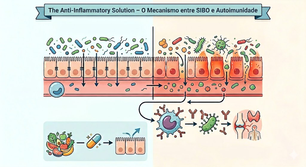 The Anti-Inflammatory Solution – O Mecanismo entre SIBO e Autoimunidade em Documentários Diagrama do mecanismo SIBO-autoimunidade: intestino permeável causa mimetismo molecular e ataque a tecidos do corpo.