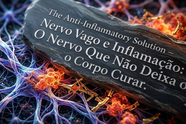 Nervo Vago e Inflamação: O Nervo Que Não Deixa o Corpo Curar em Tratamentos Uma rocha com texto sobre nervo vago e inflamação sobre uma rede neural complexa com células laranjas