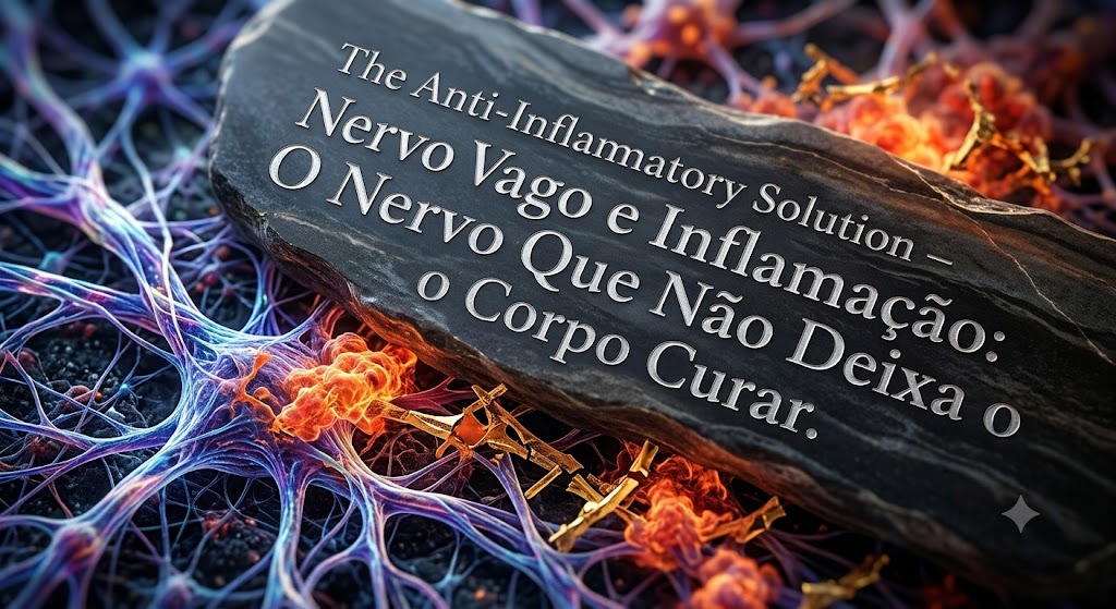 Nervo Vago e Inflamação: O Nervo Que Não Deixa o Corpo Curar em Biblioteca Uma rocha com texto sobre nervo vago e inflamação sobre uma rede neural complexa com células laranjas