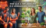 The Anti-Inflammatory Solution – Por Que a Inflamação é o Verdadeiro Inimigo em Notícias Comparação: pessoas doloridas com inflamação vs. pessoas saudáveis em cozinha com alimentos anti-inflamatórios.