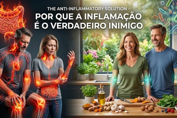 The Anti-Inflammatory Solution – Por Que a Inflamação é o Verdadeiro Inimigo em Notícias Comparação: pessoas doloridas com inflamação vs. pessoas saudáveis em cozinha com alimentos anti-inflamatórios.