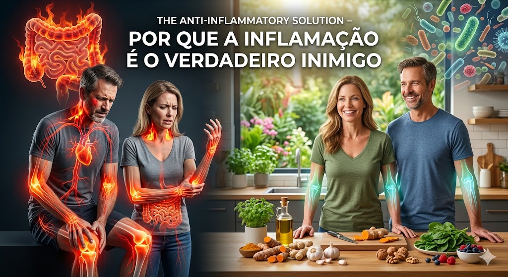 The Anti-Inflammatory Solution – Por Que a Inflamação é o Verdadeiro Inimigo em Biblioteca Comparação: pessoas doloridas com inflamação vs. pessoas saudáveis em cozinha com alimentos anti-inflamatórios.