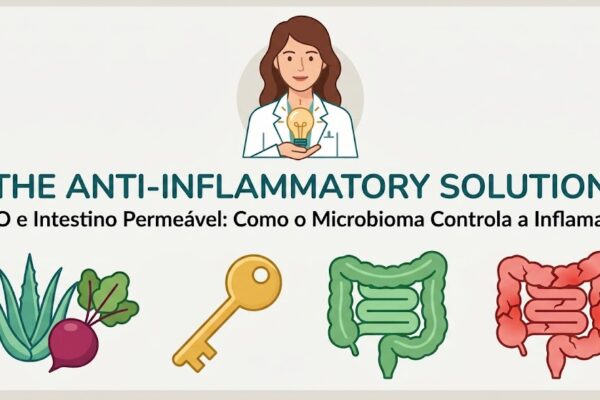Ilustração do título The Anti-Inflammatory Solution: SIBO e Intestino Permeável, com uma médica e ícones digestivos.
