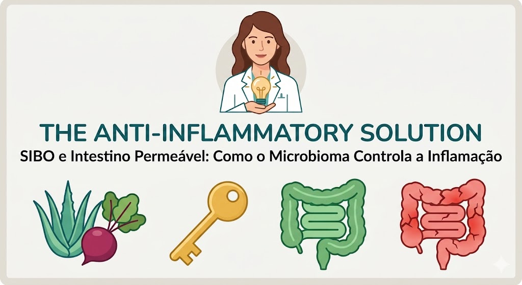 The Anti-Inflammatory Solution – SIBO e Intestino Permeável: Como o Microbioma Controla a Inflamação em Documentários Ilustração do título The Anti-Inflammatory Solution: SIBO e Intestino Permeável, com uma médica e ícones digestivos.